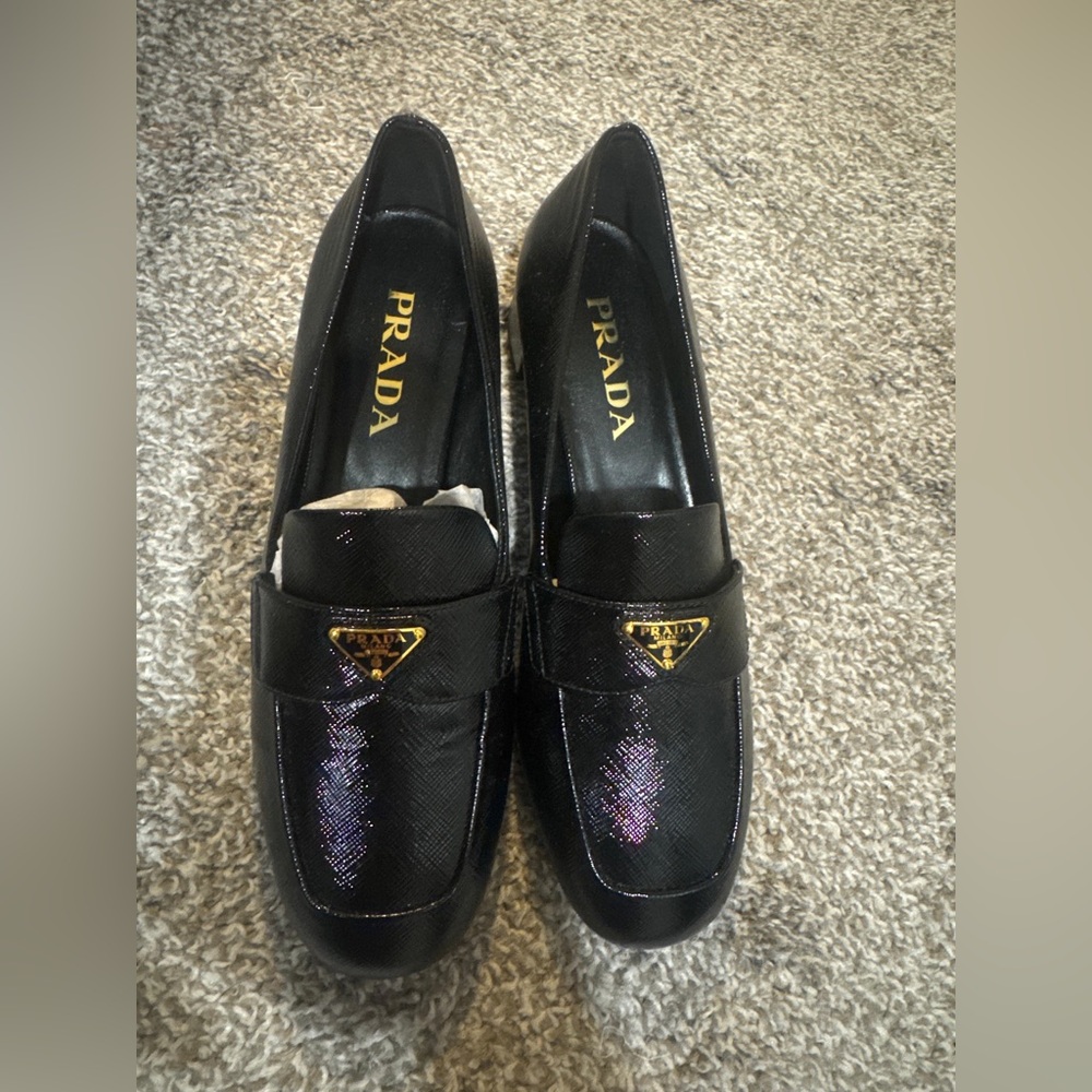 Prada Black Leather Loafers with Gold Accent - Picture 7 of 8